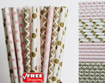 

200pcs Mixed 4 Designs Light Pink and Metallic Gold Themed Paper Straws-Damask,Dot Wedding Baby Shower Party Mason Jar Straws