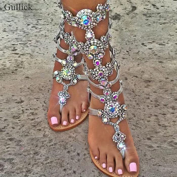 

Gullick Crystal Embellished Buckle Strap Flats Sandal Boots Gladiator Summer Rhinestone Woman Shoes Bohemia Style Beach Shoes