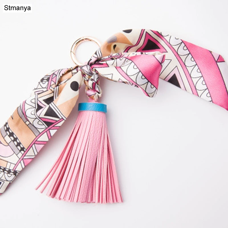 Best Lovely Soft leather tassels Keychain Bowknot scarf Pendant Bag Charm Accessories New Key Chain Fashion Car Key Holder K1690