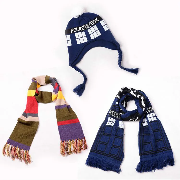 Dr Doctor Who, костюм для косплея, праздничная коробка, 8 дюймов, синий зимний теплый шарф, том Бейкер, вязаная полосатая вязаная шапка, шапочка, подарок