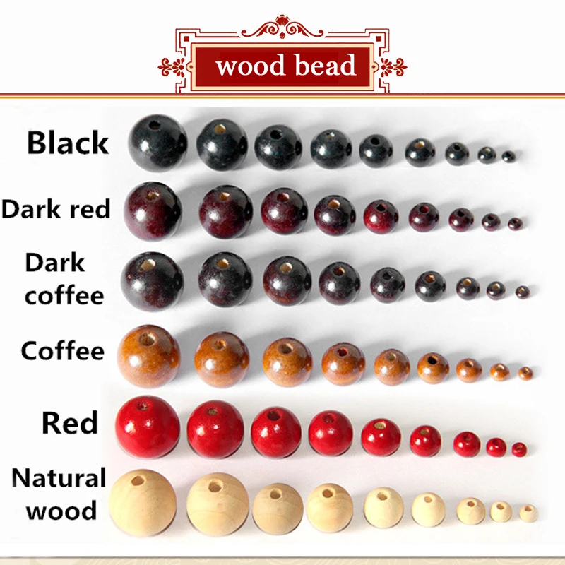 

100Pcs/Pack 4-20mm Full size 6 color Assorted Wooden Round Bead Loose Spacer For Charm Bracelet wood bead Wholesale