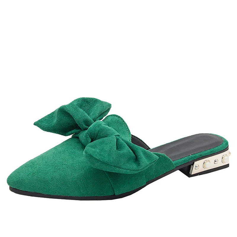 MCCKLE/осень Для женщин шлёпанцы острый носок замшевая обувь с жемчугом на банте, Обувь на низком квадратном каблуке женские Шлёпанцы обувь для ношения на улице, модные шлепанцы без задника с открытыми пальцами - Цвет: Green