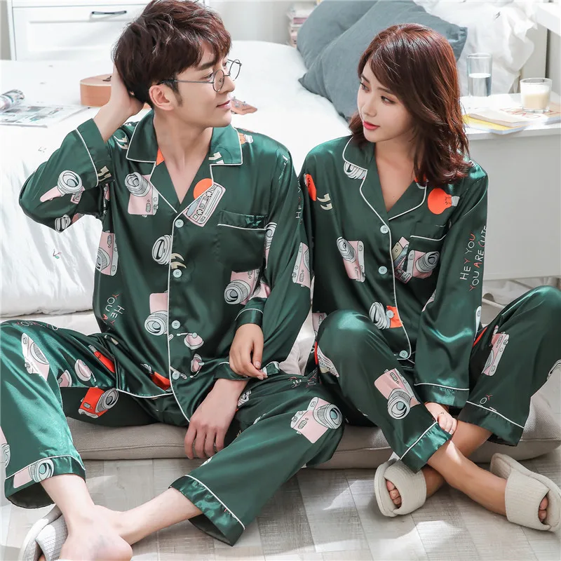 

High Quality Silk Satin Couple Pajama Sets Long Sleeve Lovers' Clothes Cartoon Womens Pajamas Set Casual Indoor Clothing Pyjamas