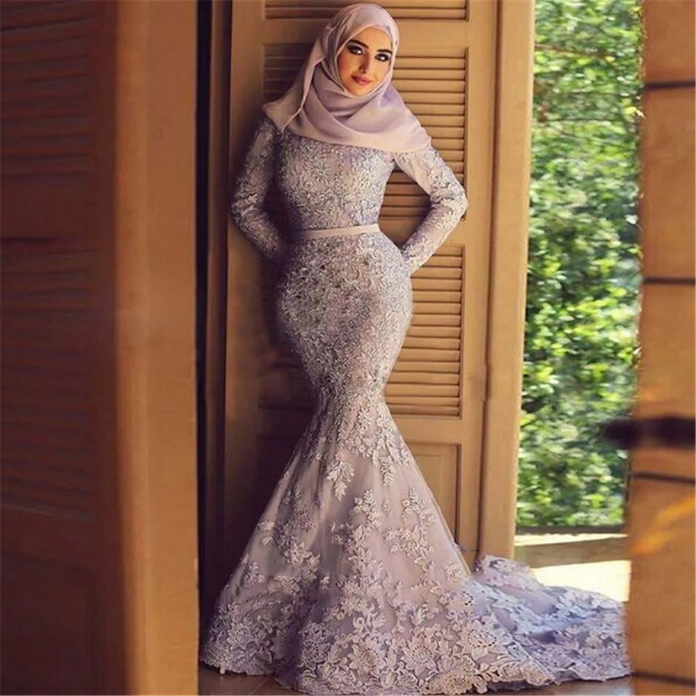 Turkish Islamic Muslim Mermaid  Evening Dresses  Lace Long 