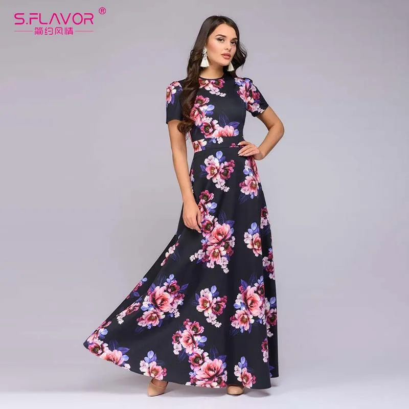 Женский длинный сарафан S.FLAVOR, элегантное праздничное платье с коротким рукавом и цветочным принтом, летнее облегающие платье бохо - Цвет: black