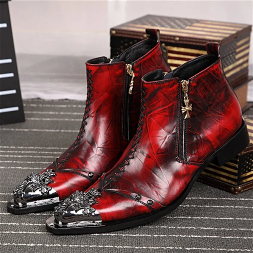 Hombres de Metal Botines Punta estrecha de Cuero Genuino Botas Hombre
