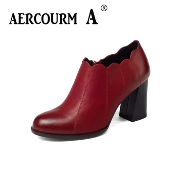 

Aercourm A 2018 Black Women Shoes Spring Pumps Shoes Round Toe Shallow Thick Heel Women High Heels Genuine Leather Shoes Z311
