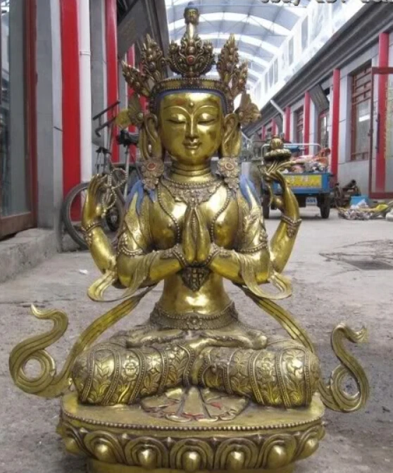 

30 Inch Tibet Folk temple Bronze Gild Four-armed Avalokitesvara Buddha Statue