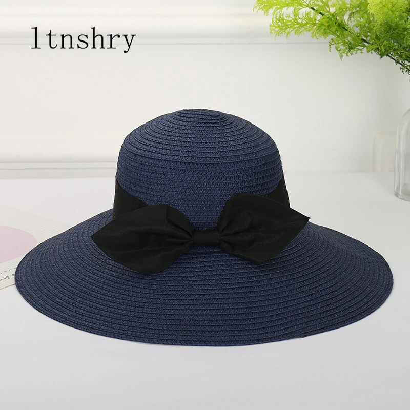 

2019 new Summer women's hat Ribbon Sun Hat Straw Wide Brim Visor Bow straw Beach hat Vacation Sunshades Knitted Feminino Gorra