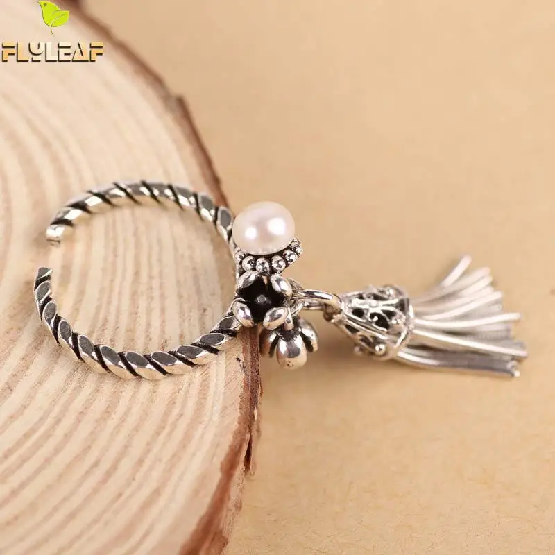 

100% 925 Sterling Silver Rings For Women Twisted Fringed Natural Pearls Fashion Open Flower Ring Vintagefemme Fine Jewelry Gif