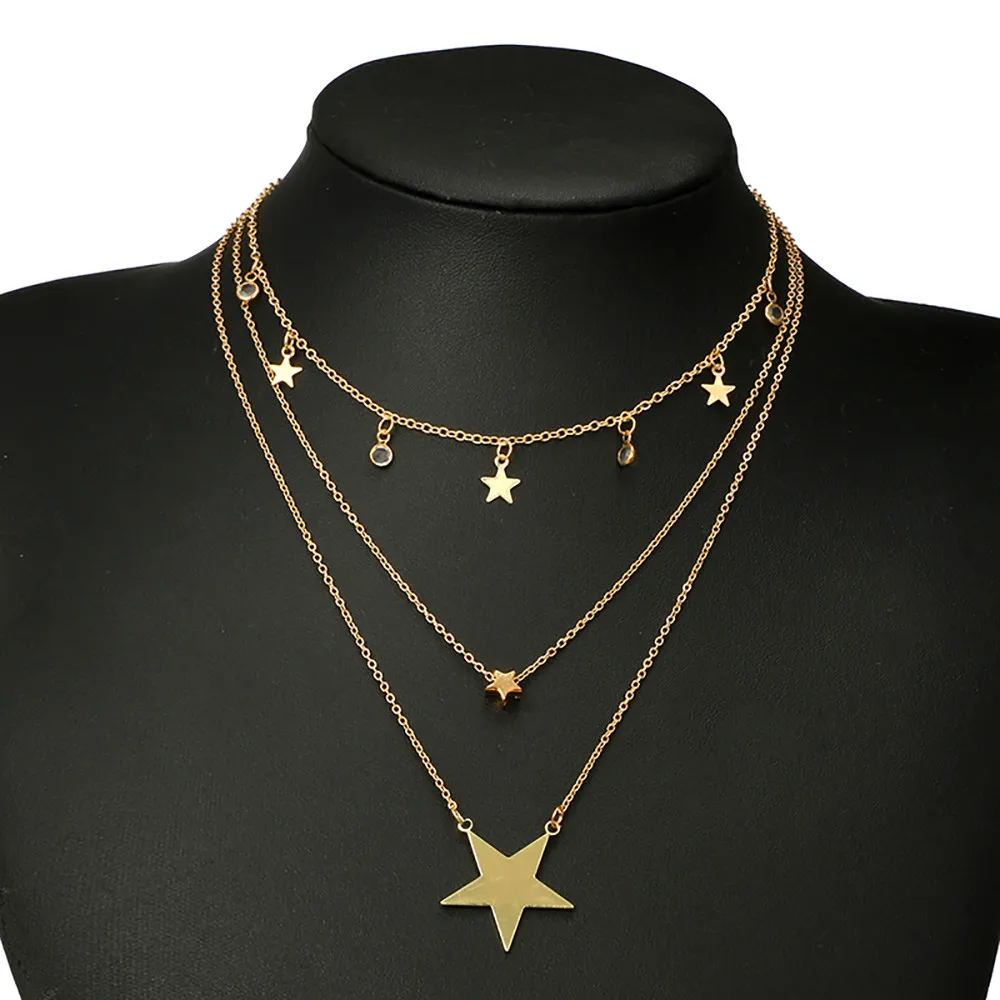 

Stylish Jewelry Creative WOMEN's Simple Three-layer Clavicle Chain Five-pointed Star Pendant With ornament-studded female dship