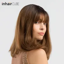 INHAIR CUBE Synthetic Wigs for Women Ombre Dark Roots Long Wavy Wig with Bangs Hair Realistic Simulation Scalp Middle Part