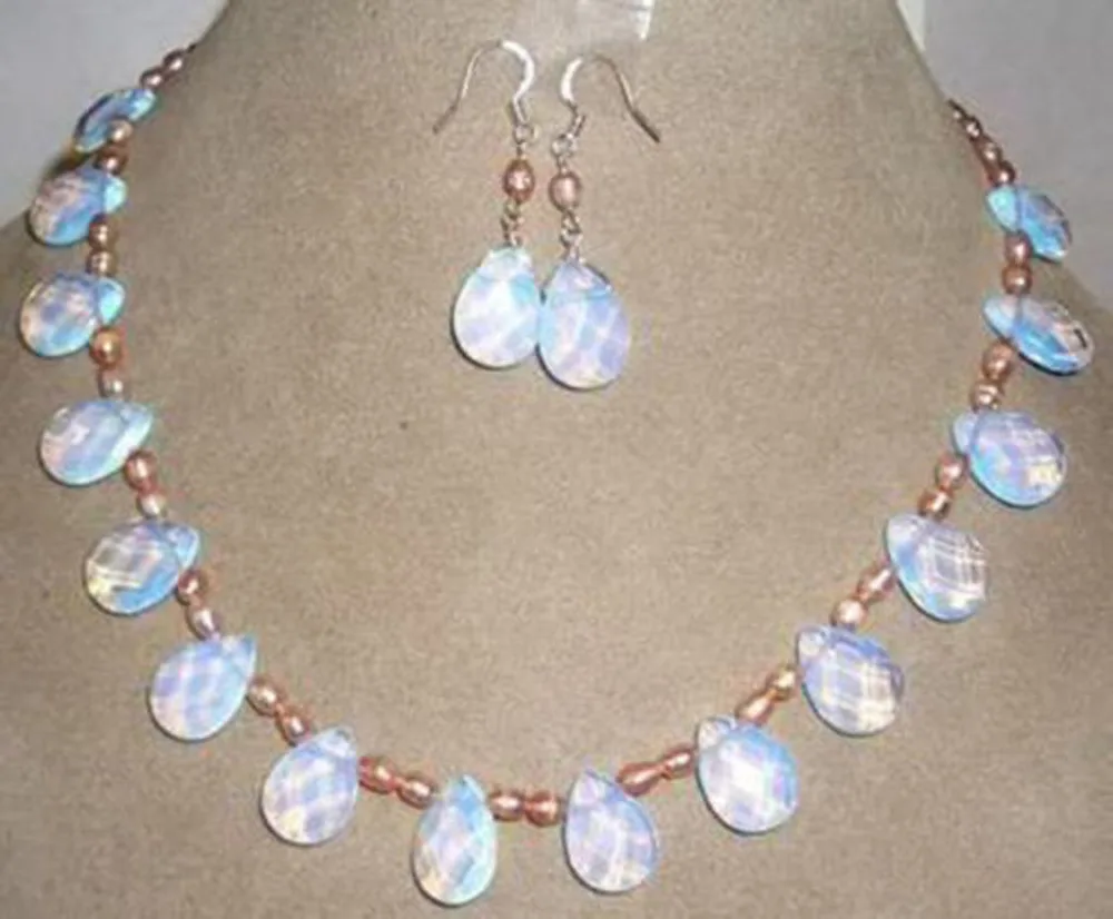 

New Pink pearl / Sri Lanka Moonstone Drops Pendant Necklace Earrings Jewelry Set