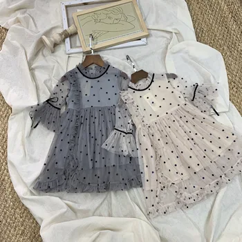 

Roimyal Wholesale 2019 summer fashion cute new 4-8 years old girl dot mesh gauze dress children short sleeve dress free shipping