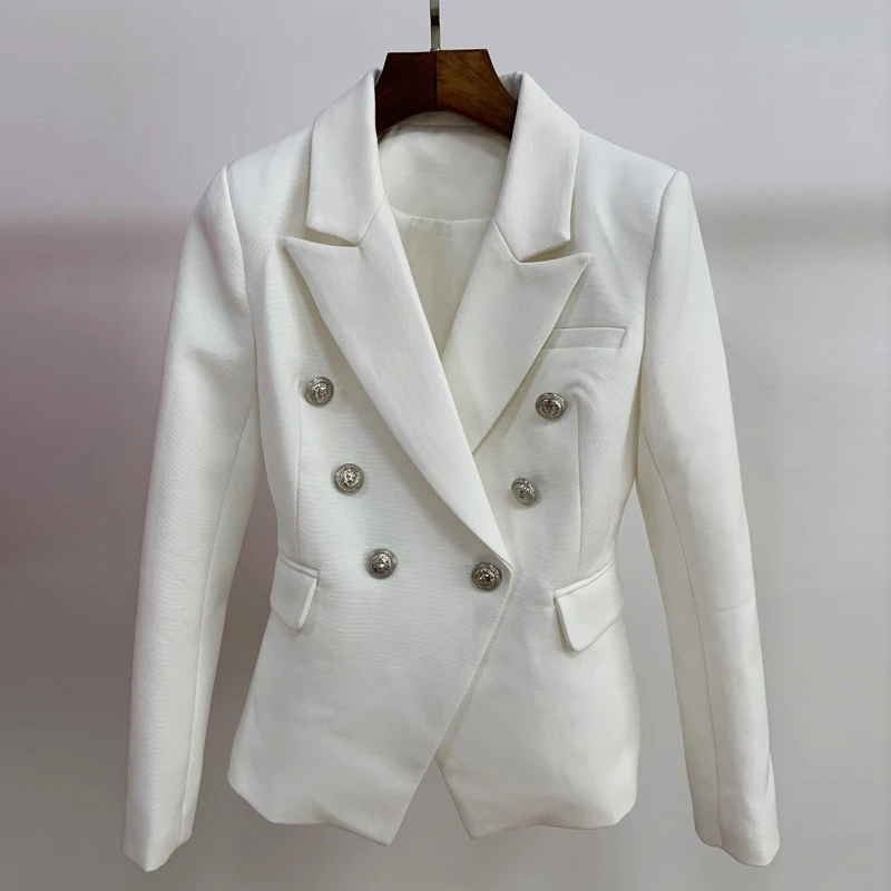 High Quality 2019 Designer Solid Blazer Women's Lion Button Double Breasted Black White Office Lady Blazers Jacket Outwear Coat