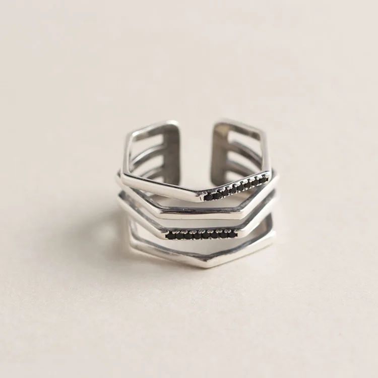 

Genuine 925 Sterling Silver Rings for Women Multi Layers Geometric Lines Black CZ Crystal Ring Adjustable Fashion Jewelry