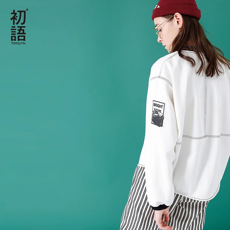 Toyouth весенние женские куртки Свободные стенд воротник бейсбольное пальто белая печать с длинными рукавами хлопок Повседневная куртка