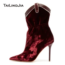 Burgundy Velvet High Heel Ankle Boots Pointed Toe Stiletto Heel Booties Women Shoes Ladies Curved Top Heeled Short Boots 2019 ladies sexy pointed toe blue denim lace up short boots super high heel jean ankle booties street fashion boots