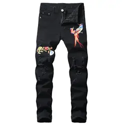 Китайский стиль вышивка для мужчин s отверстие тонкий карандаш черные джинсы рваная уличная одежда мужские джинсовые штаны модные мужские