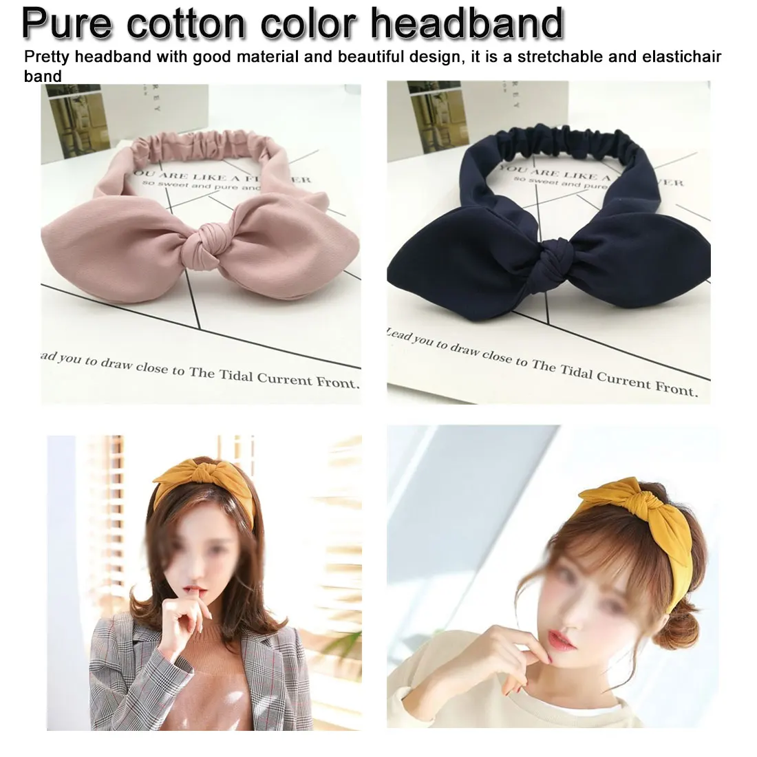 

Fashion Korean Print Cute Ears Solid Bow Knotted Hairbands Bezel Turban Women Headbands Girls Hair Accessories