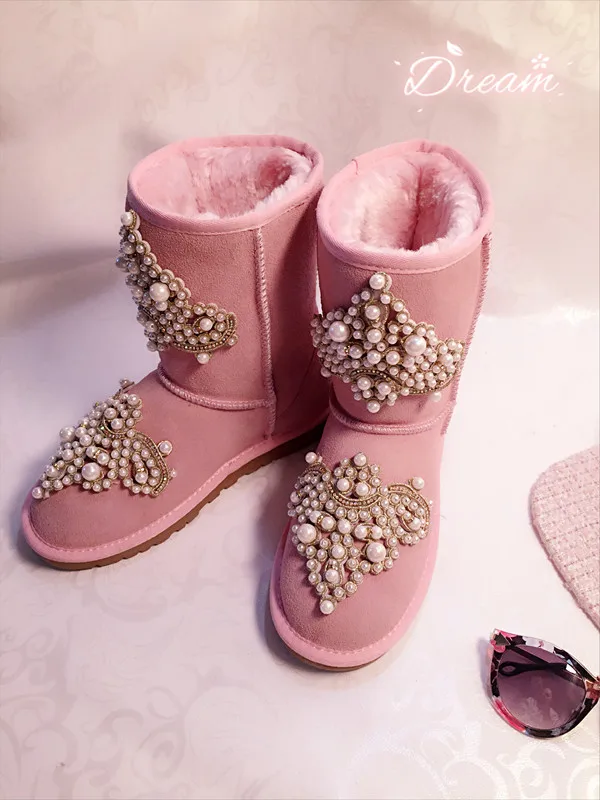 

Creative European Winter Autumn New Handmade Sparkle Bling Pearls Flat Keep Warm Round Head Genuine Leather Pink Girl Snow Boots