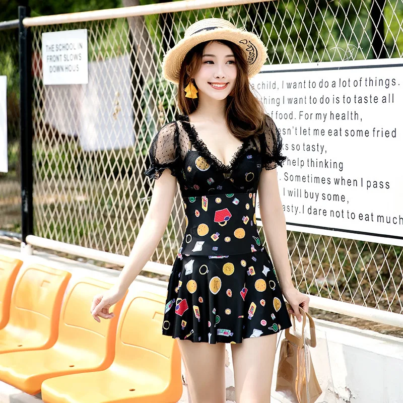 

One-Piece Swimsuit Retro Female Woman 2019 Maios Sexy Bathing Suit New Pure Dress Neck Lace Lantern Long Sleeve Polyester Print