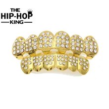 Gold Color Iced Out CZ Teeth GRILLZ Top Bottom Tooth Caps Hip Hop Bling NEW with Silicone mode