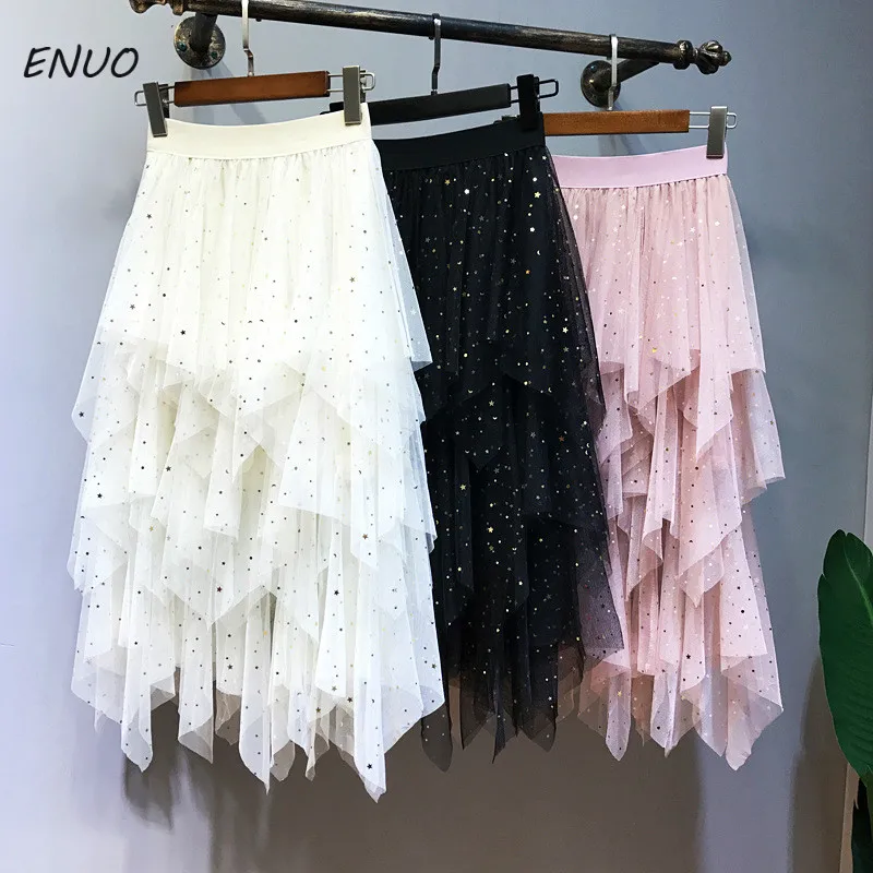Женская многослойная юбка-пачка с яркими звездами и асимметричной сеткой; Многослойная юбка-пачка; пышная юбка с оборками; Длинная фатиновая юбка для женщин; сезон весна-осень