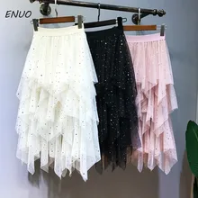 Женская многослойная юбка-пачка с яркими звездами и асимметричной сеткой; Многослойная юбка-пачка; пышная юбка с оборками; Длинная фатиновая юбка для женщин; сезон весна-осень