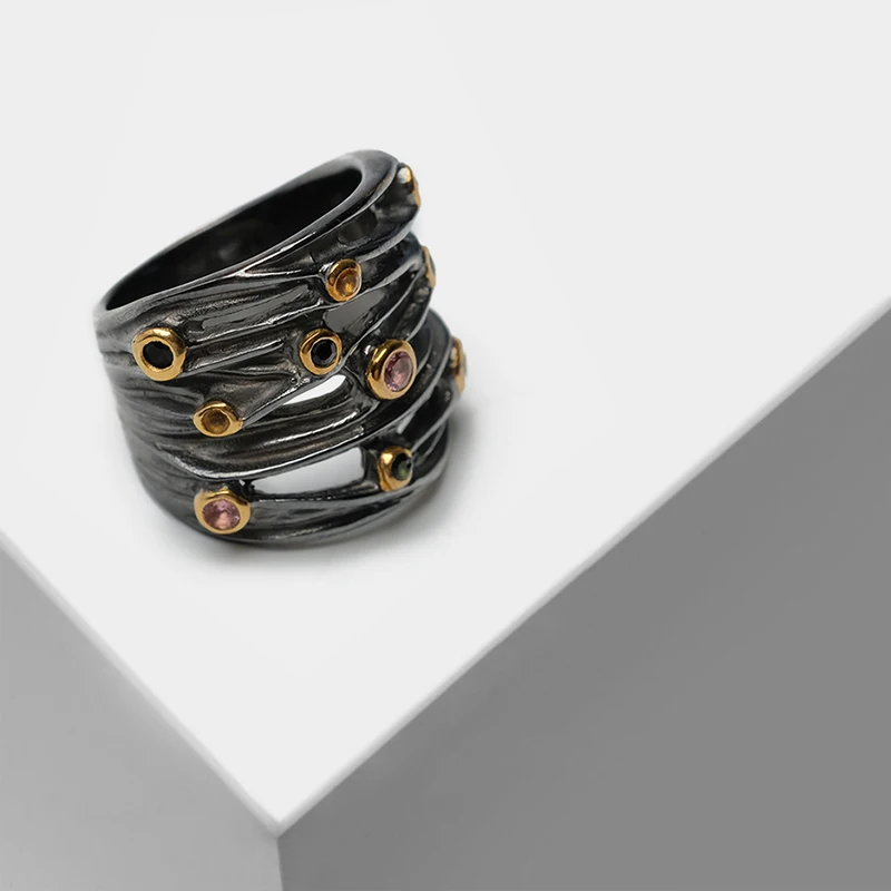 

Vintage Exquisitely irregular texture design inlaid semi-precious stone rose quartz citrine Ring