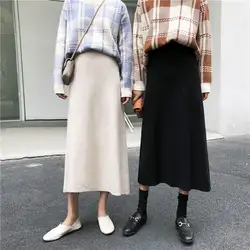 Для женщин юбки для осень зима Длинные 2018 трапециевидной формы Высокая талия Модные Элегантные корейские Винтаж дна миди вязан