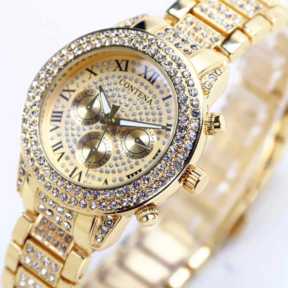 Золотые часы женские роскошные брендовые новые Geneva женские кварцевые часы подарки для девушек полностью нержавеющая сталь Стразы Наручные часы
