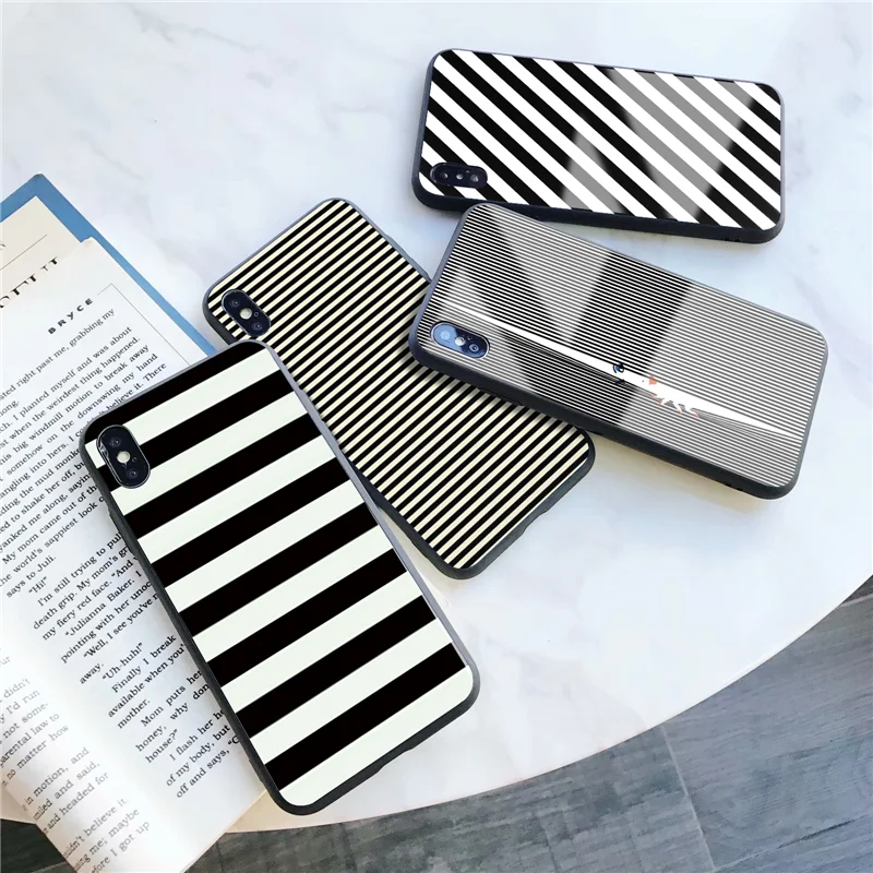 

Newest luxury black and white Stripes Phone Cases Tempered glass Phone cases for Apple iphone XR XS MAX X 7 8 6 6S Plus