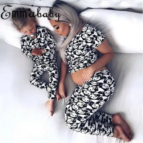

Family Matching Panda Print Mother Daughter Son Panda Pajamas Baby Kids Clothes Set Sleepwear Cute Sweet Nightwear