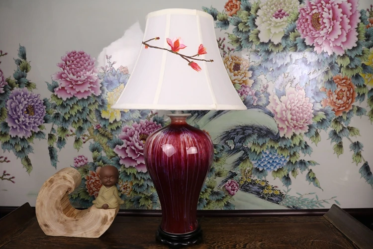 Vintage chinese porcelain ceramic table lamp bedroom living room wedding table lamp Jingdezhen large bedside table red glazed (5)