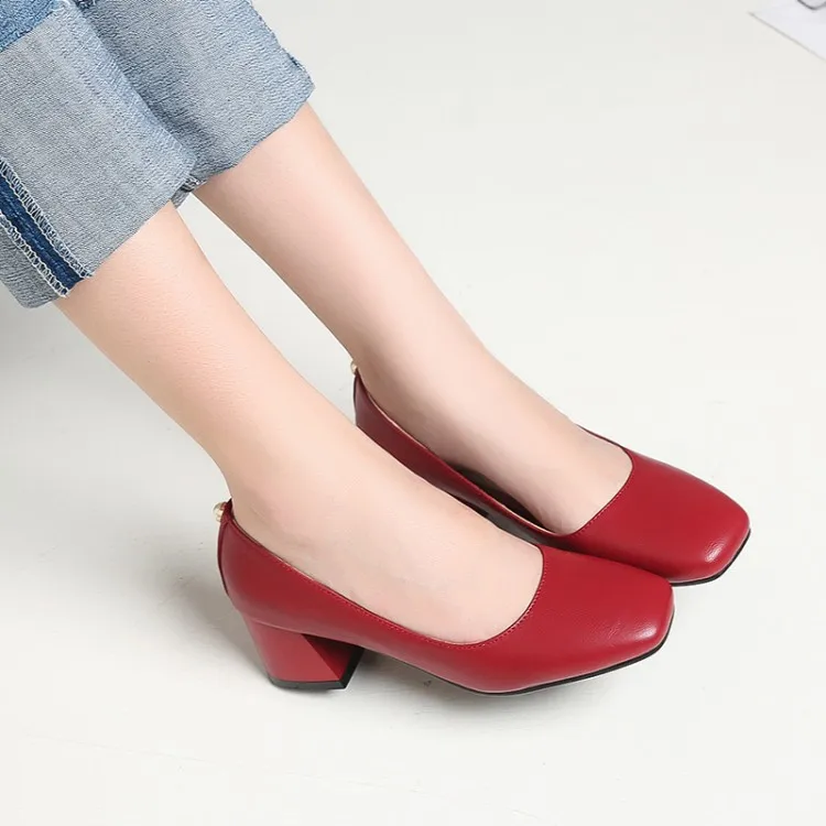 

Big Size 11 12 13 ladies high heels women shoes woman pumps Pearl decoration with square head, shallow mouth and thick heel