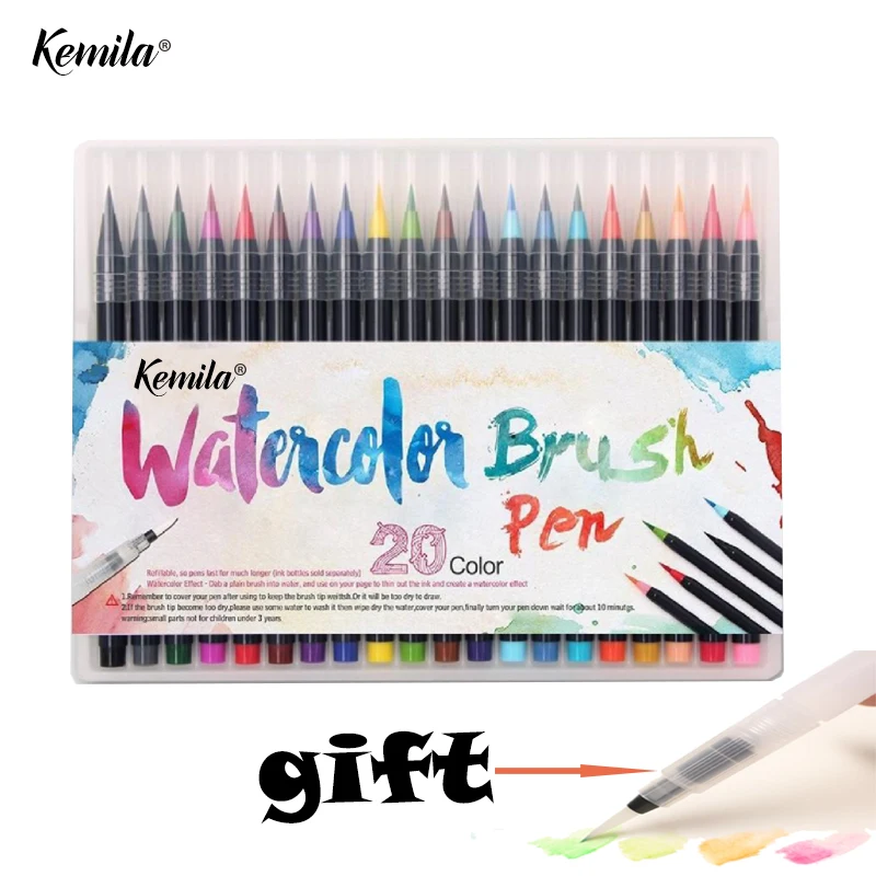 kemila 20 Color Watercolor Markers Pen Painting Soft Brush Pen Set Effect Best For Coloring Books Manga Comic Calligraphy