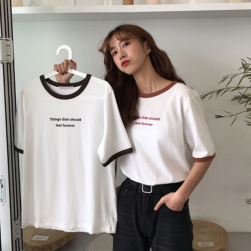 Летняя Корейская футболка с буквенным принтом Ulzzang Женская Повседневная