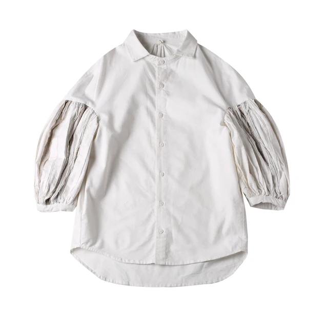 [EAM] 2019 New Spring Summer Lapel Long Lantern Sleeve Fold Split Joint White Loose Shirt Women Blouse Fashion Tide JE82000S