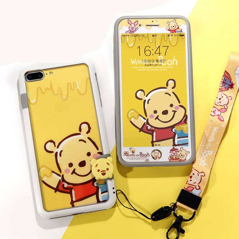 For iphone 8plus Cute Winnie front &ampback Tempered Glass screen protector Flim+ soft bumper for iPhone X 8 7 7plus 6 6S 6sP+strap |