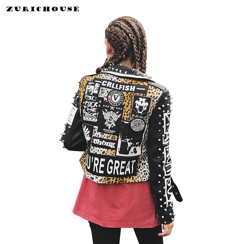 

Streetwear Fashion Womens Rivet Leopard Leopard Print Faux Leather Jacket 2019 New Arrival Punk Rock Short Zipper Biker Jacket