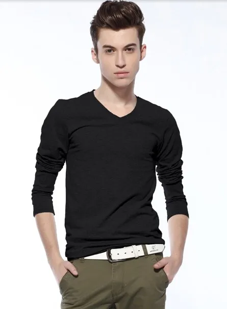 Для мужчин мода осень мужской Slim v-образным вырезом футболка с длинными рукавами базовая футболка Для мужчин облегающие низкий воротник футболка