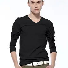 Для мужчин мода осень мужской Slim v-образным вырезом футболка с длинными рукавами базовая футболка Для мужчин облегающие низкий воротник футболка