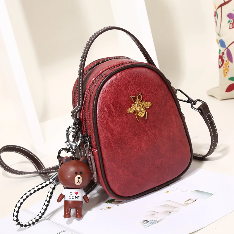 Women Bags Genuine Leather Shoulder Bag Crossbody Famous Brand Tote Handbag Cute Small Fashion Shopping Bag with Bear Pendant