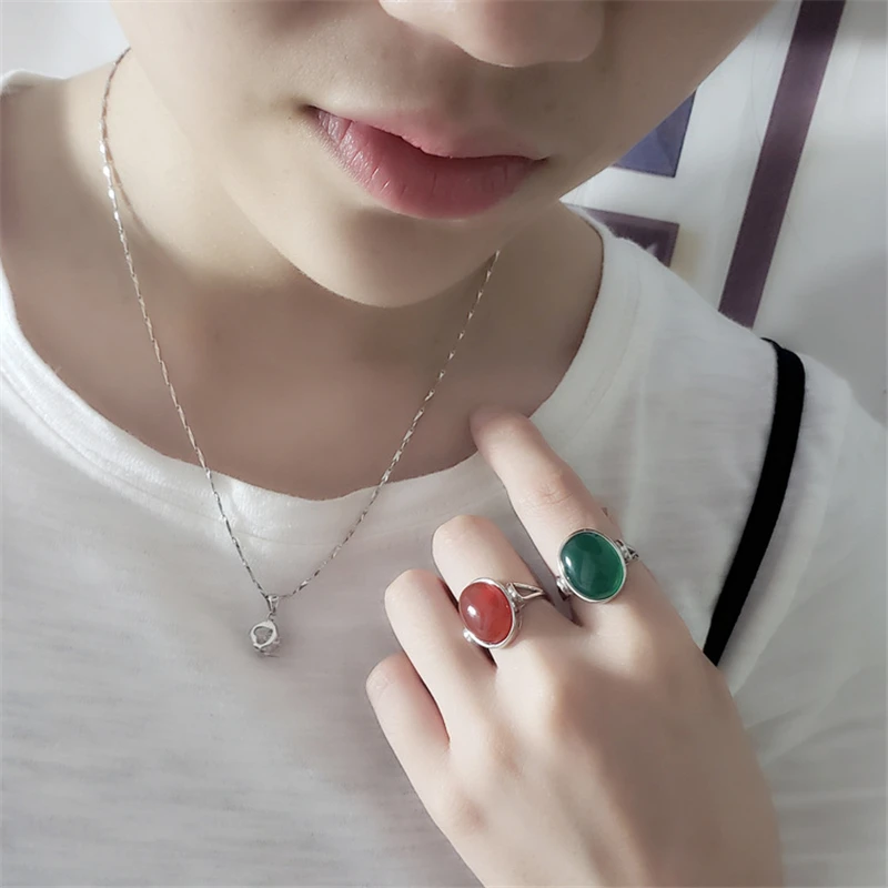 

Brief Green/Red Natural Precious Stone 925 Sterling Silver Vintage Women Ring 100% Genuine Solid Silver Oval Simple Female Rings