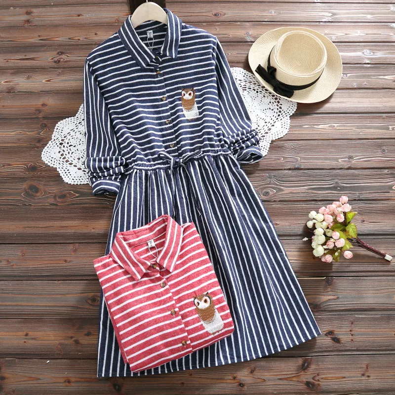 

2019 Spring Autumn Women Owl embroidery Dress Casual Striped Trun-down Neck Long Sleeve Elastic Waist Dresses Dropshipping