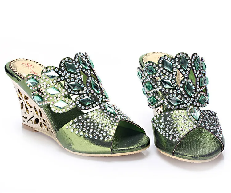 2017 New Green Large Size Open-toe Womens Shoes Leather 40 44 Wedge Heel Slippers Heels Sandals Party & Evening High Quality-6