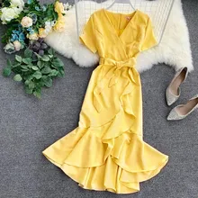 Women Irregular Hem Maxi Dress Holiday Sexy V Neck Ruffle Vintage Dress Summer Solid Lace Up High Waist Dress ruffle armhole tie waist fringe hem striped dress