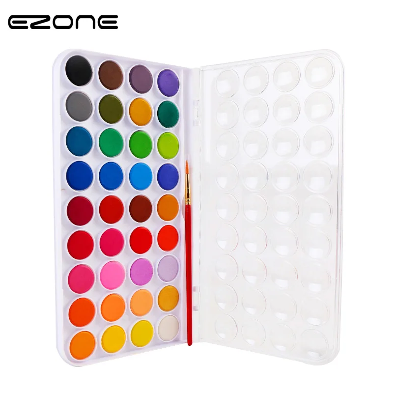 

EZONE Solid Water Color 12/18/24/28/36 Colors Watercolor With Plastic Paint Box + Paint Brush Portable Painting Office Supplies