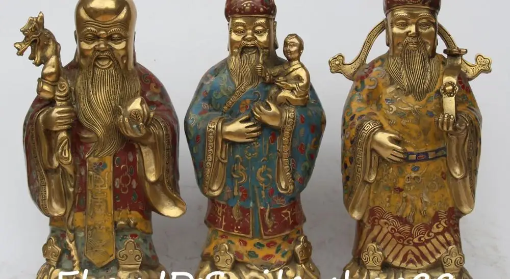

10" China Cloisonne Enamel Gilt 3 Longevity God Fu Lu Shou Life Ru Yi Set Statue